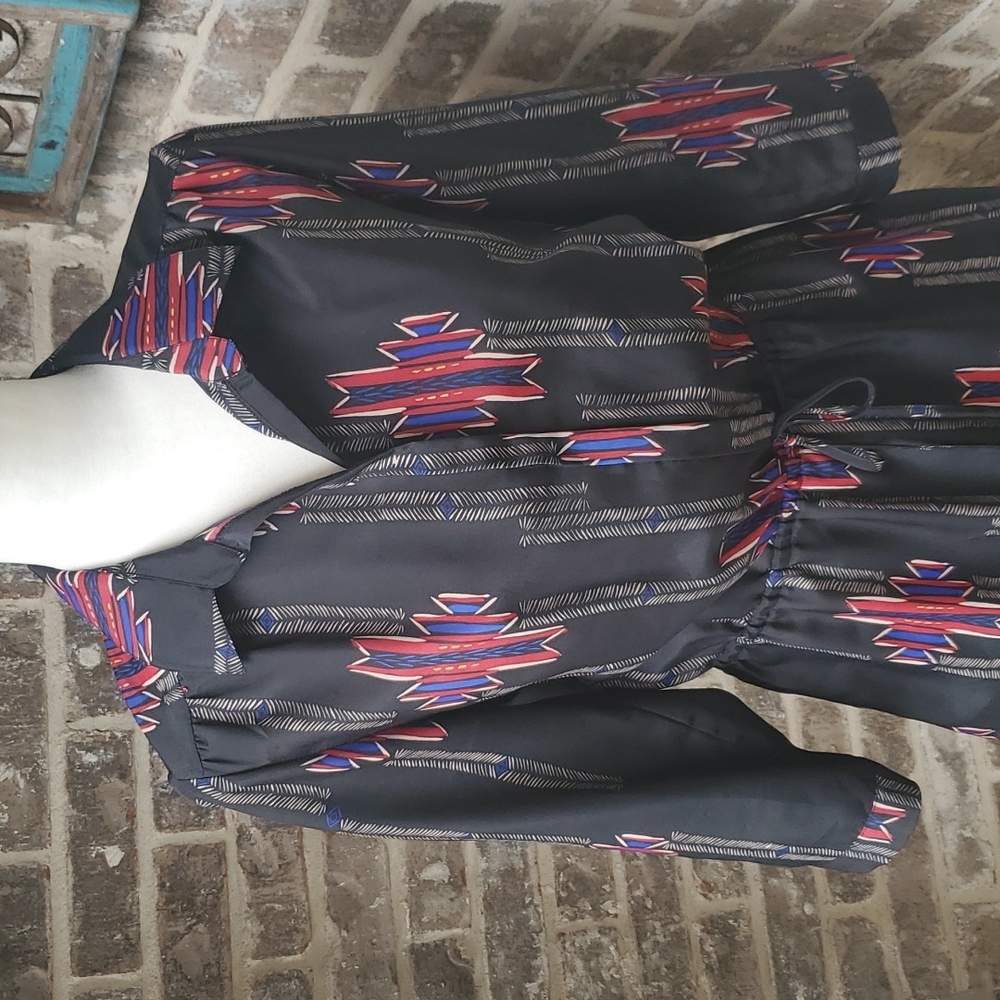 Aqua Tribal Print Waist Tie Long Sleeve Dress - Picture 2 of 5